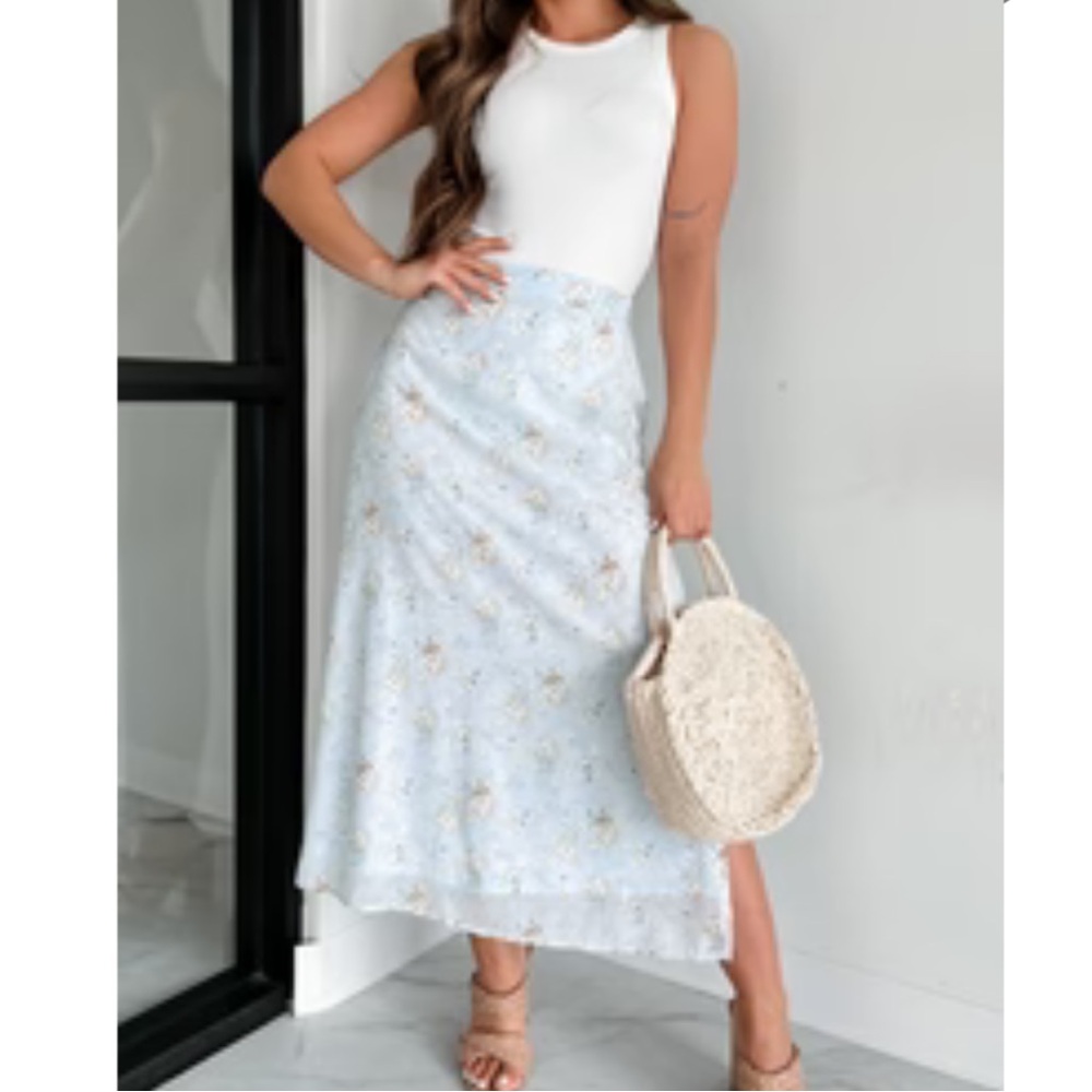 Floral Light Blue Midi Skirt